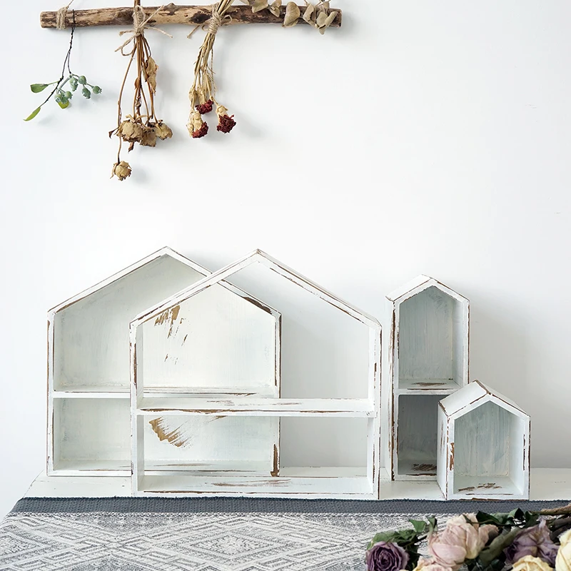 

Стеллаж для хранения в форме старых деревянных домов, мягкое украшение для дома, витрина магазина, французское белое украшение для дома