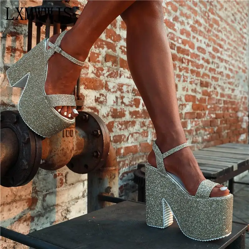 Summer Sexy Ladies Sandals Sequin Platform Shoes Square Heels Prom High Heels  Shoes Ankle Buckle Solid Color New Women's Sandals - купить по выгодной  цене | AliExpress