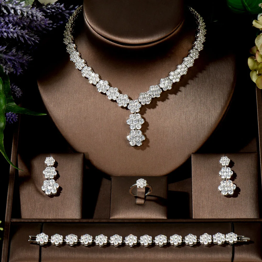 Fashion Trendy Nigeria 3pcs Flower Statement Jewelry Set for Women Wedding Full Cubic Zircon Dubai Bridal jewelry N-94