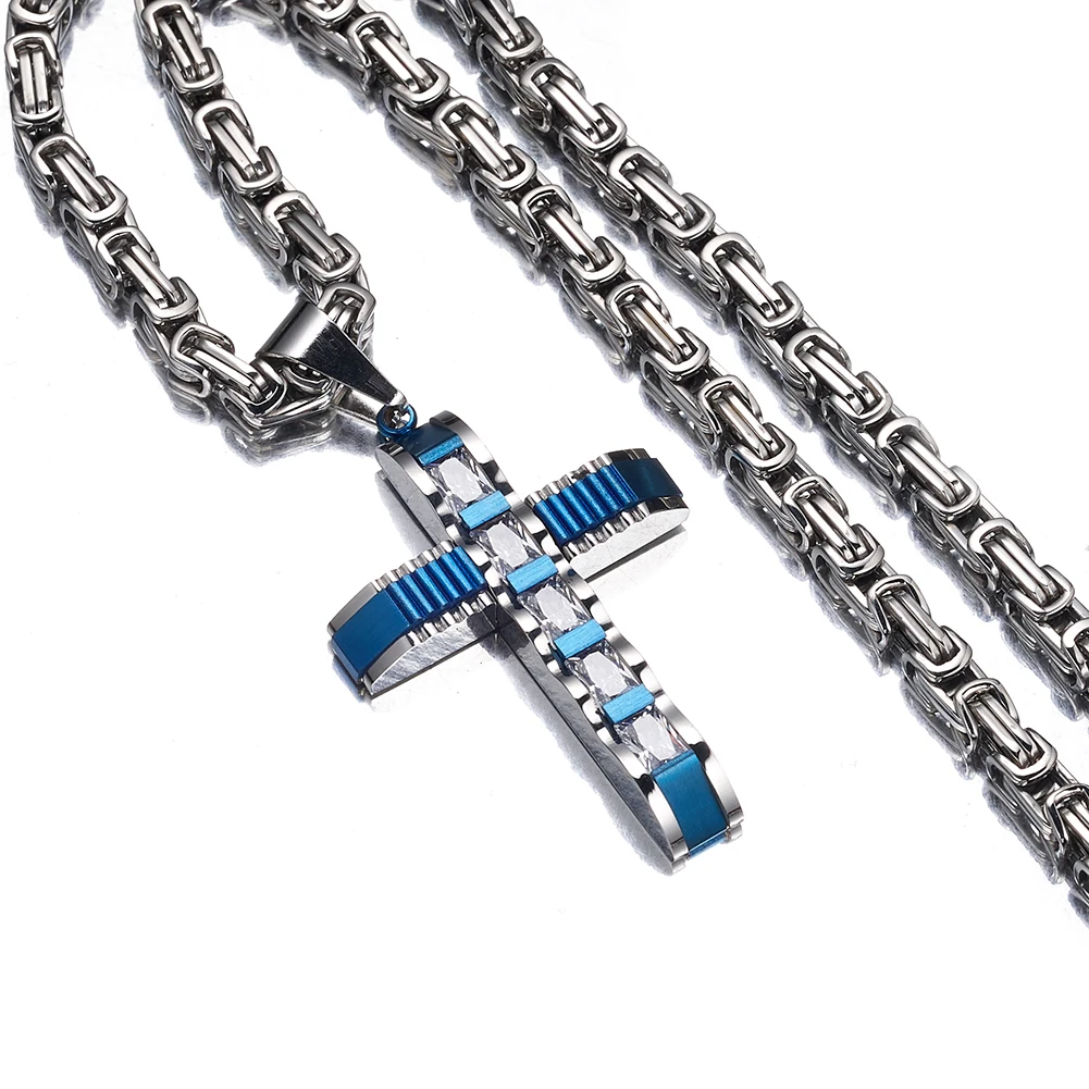 

Hot Sale Siver Blue Color Stainless Steel Cross Pendant Byzantine Chain Fashion Men And Women Jewelry Wholesale