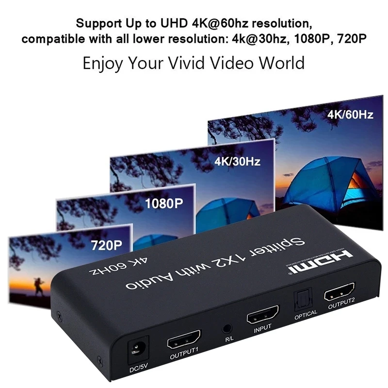 Разветвитель HDMI 4K, 60 Гц, аудиоэкстрактор, разветвитель 1x2, переключатель HDMI 1 в 2, с оптическим Toslink + аудиовыходом 3,5 мм для PS54 PC TV (art.: 3920d110eee77) - 3920d110eee77