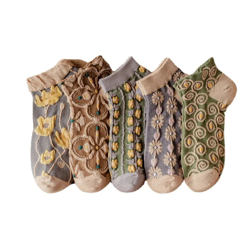 Retro Boat Socks Women's Short Socks 23 Spring/Summer New Shallow Mouth Non Drop Heel Socks Cotton Embossed Japanese and Korean