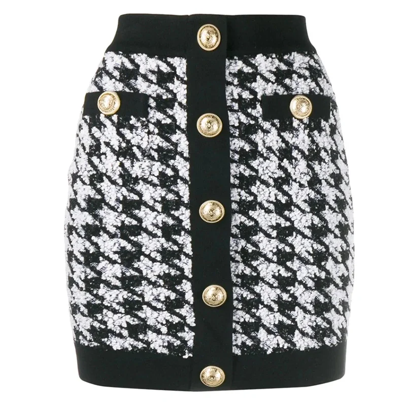 

HIGH QUALITY Newest 2023 Designer Women's Lion Buttons Shimmer Tweed Houndstooth Mini Skirt