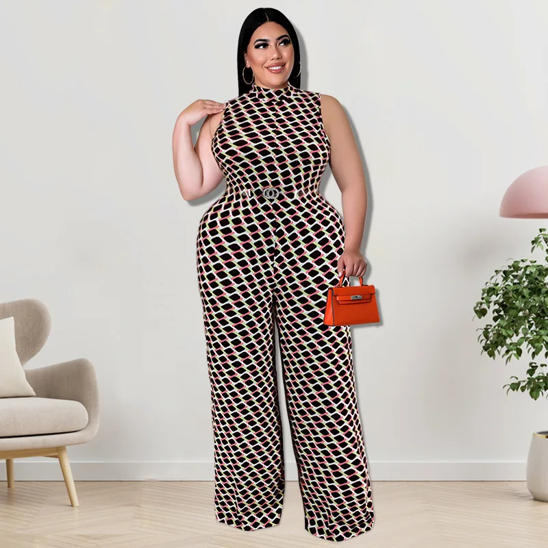 Plus Size One Piece Women Clothing Plaid Sleeveless Belt Casual Outfit Lady Wide Leg Pants 2023 Spring Female Fashion Jumpsuit