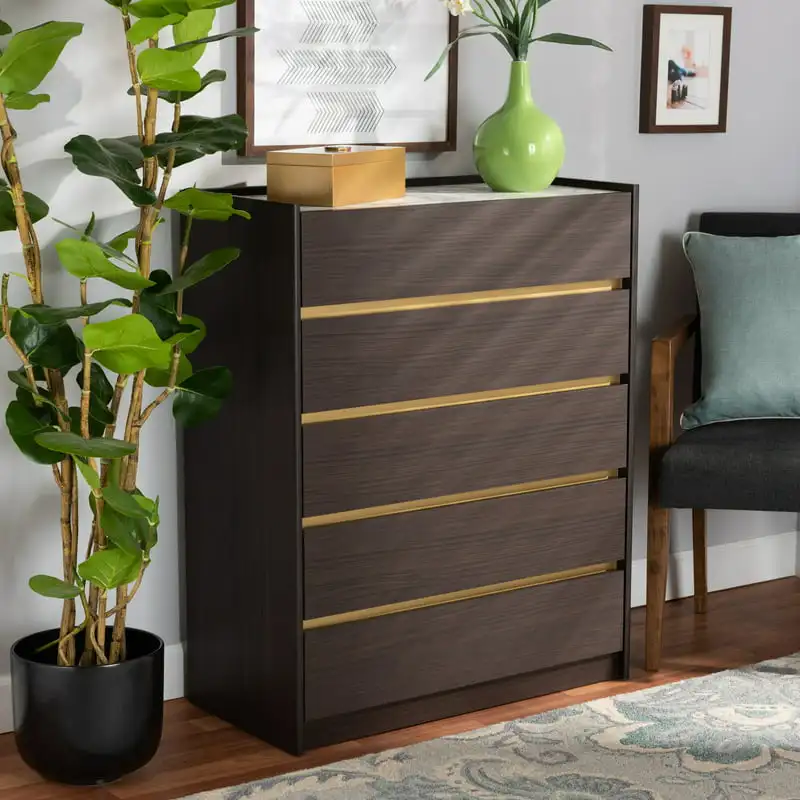 

Walker and Contemporary Dark Brown and Finished Wood 5-Drawer Chest with Faux Marble