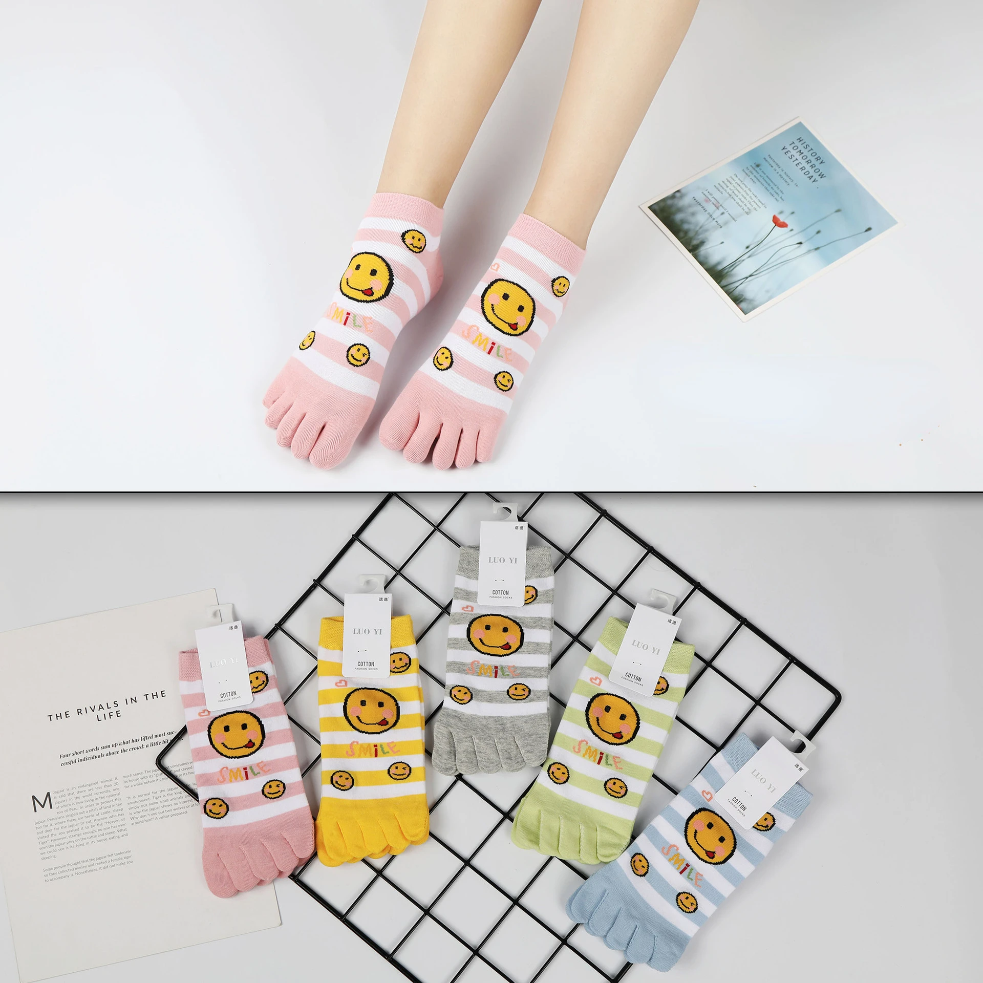 5 Pair Kawaii Smiley Duck Women's Low Sock Women Summer Korean Style Cotton Mesh  Breathable Ankle Socks Set With Fingers Ladies