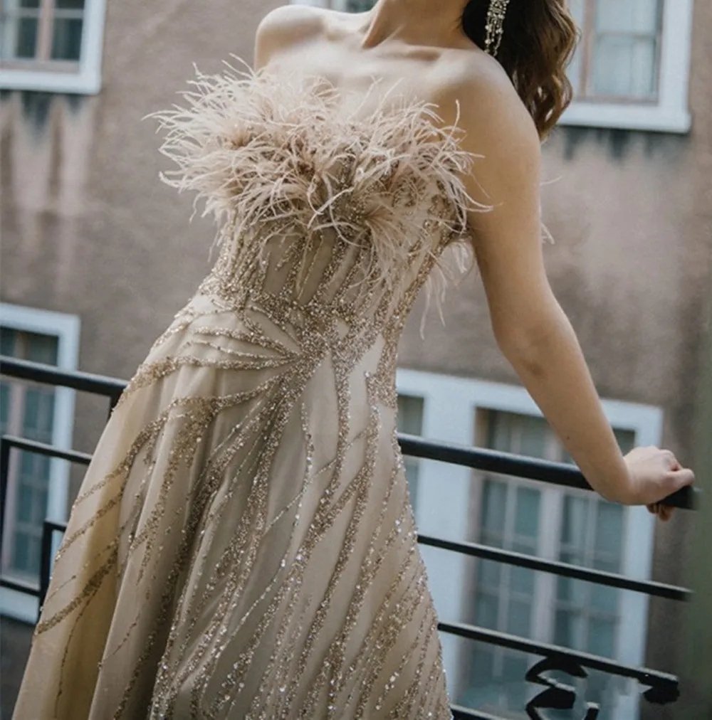 

Дизайнерское вечернее платье без бретелек, с блестками и аппликацией из бисера, платье для выпускного вечера с мехом, вечернее платье до пола по индивидуальному заказу