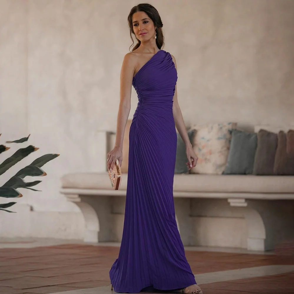 

One Shoulder Evening Dresses for Wedding Guest Mermaid Pleated Bridesmaid Dress for Junior Long Grape Chiffon vestido elegante
