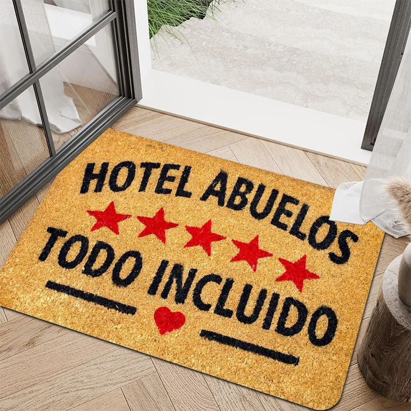 Фото Коврик для прихожей Spanish Text Hotel Abuelos, нескользящий, прочный, моющийся, для дома и патио №2