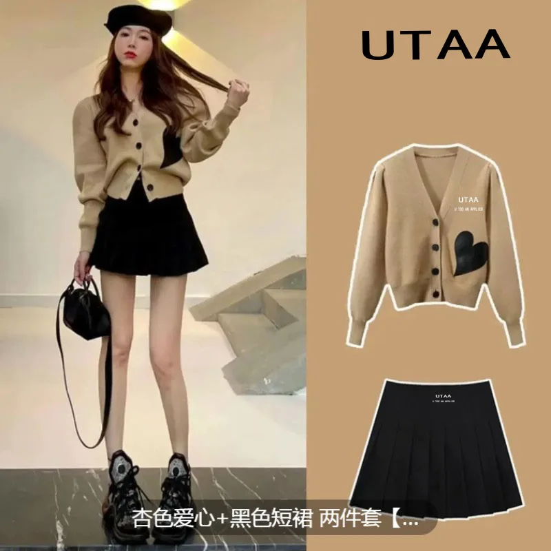 Spring 2023 new UTAA solid color lapels loose short golf coat loose Joker hem drawstring coat+short skirt ladies suit
