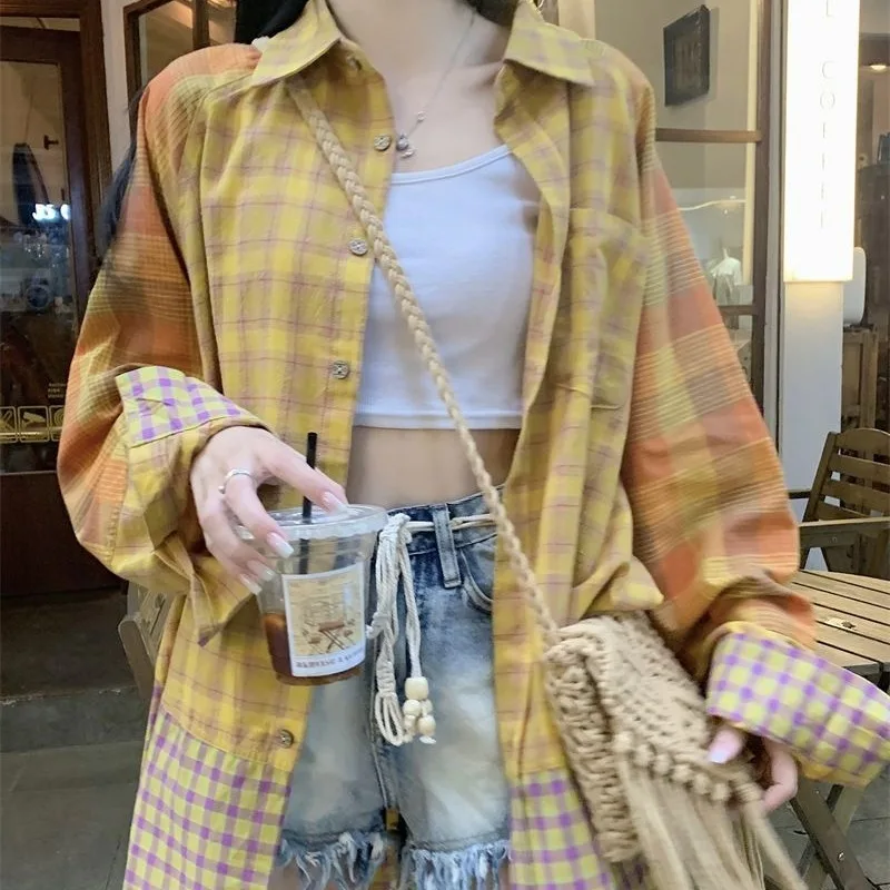 Плюс размер корейская клетчатая рубашка с вышивкой повседневная модная куртка