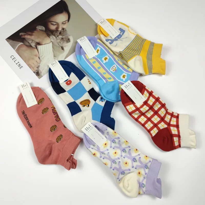 ALYDamei 1 pair of women's cotton socks summer cartoon grid cute girly style super nice