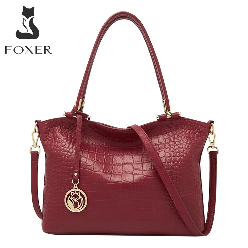 FOXER Women's Crocodile Pattern Genuine Leather Handbag Lady Vintage Shoulder Crossbody Bag Commuter Tote Female Top Handle Bags