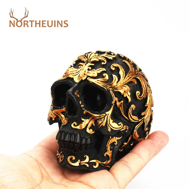 

Resin Carved Skeleton Skull Statues Miniture Golden Sculpture Desktop Decoration Figurines for Interior Home Decor