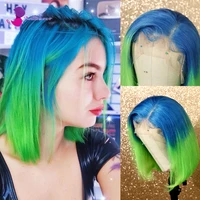 blue ombre green short bob 13x4 lace front human hair left side part of pre plucked hairline with baby hair brazilian for women