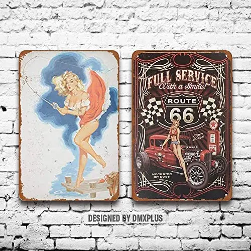 

Metal Sign (Set of 2) Tin Signs 1 Route 66 Full Service with a Smile Sexy Pinup Girl Vintage Look Wall Decoration Home Decor