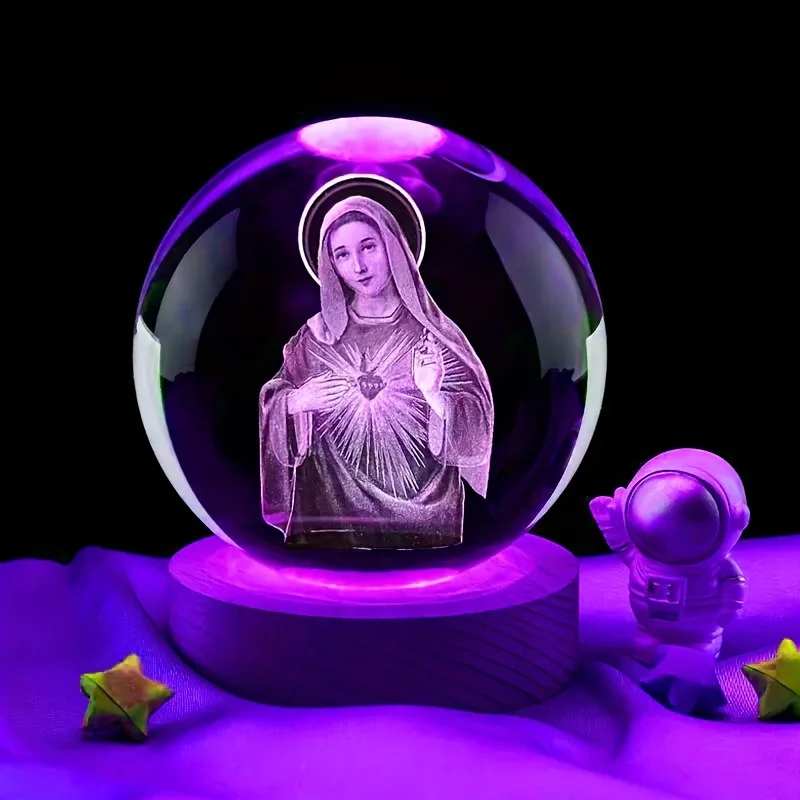 

1pc 3D Crystal Ball Colorful Light Base, Laser Engraving Religious Night Light, Gift For Women, Friends, For Home Decoration