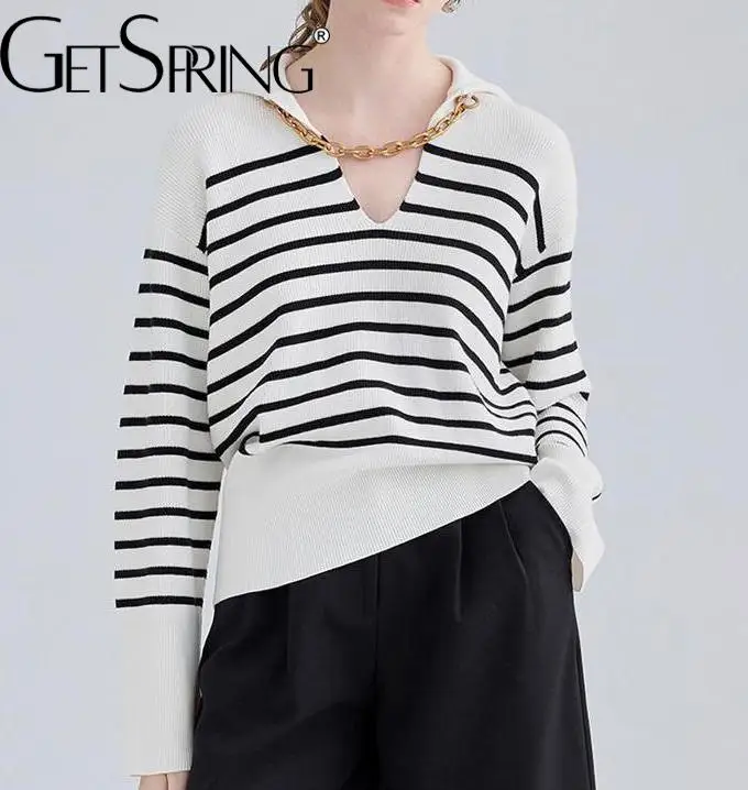 

GetSpring Women Sweater Full Sleeve Striped Knitted Sweater All Match Pullovers Loose Leisure Autumn Winter Tops 2022 Fashion