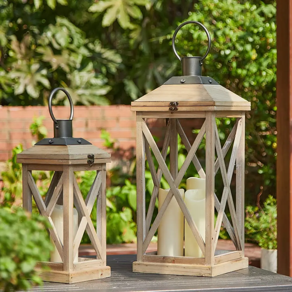 

Modern Farmhouse Wood Metal Lanterns Decorative Hanging Candle Lanterns Set of 2, Grey (No Glass)