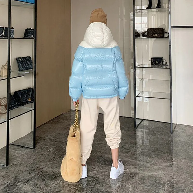 Bright Face High-End Down Jacket Women Winter 2022 New Collage Short Hooded Thickened 90 White Duck Down Fashion Coat Female