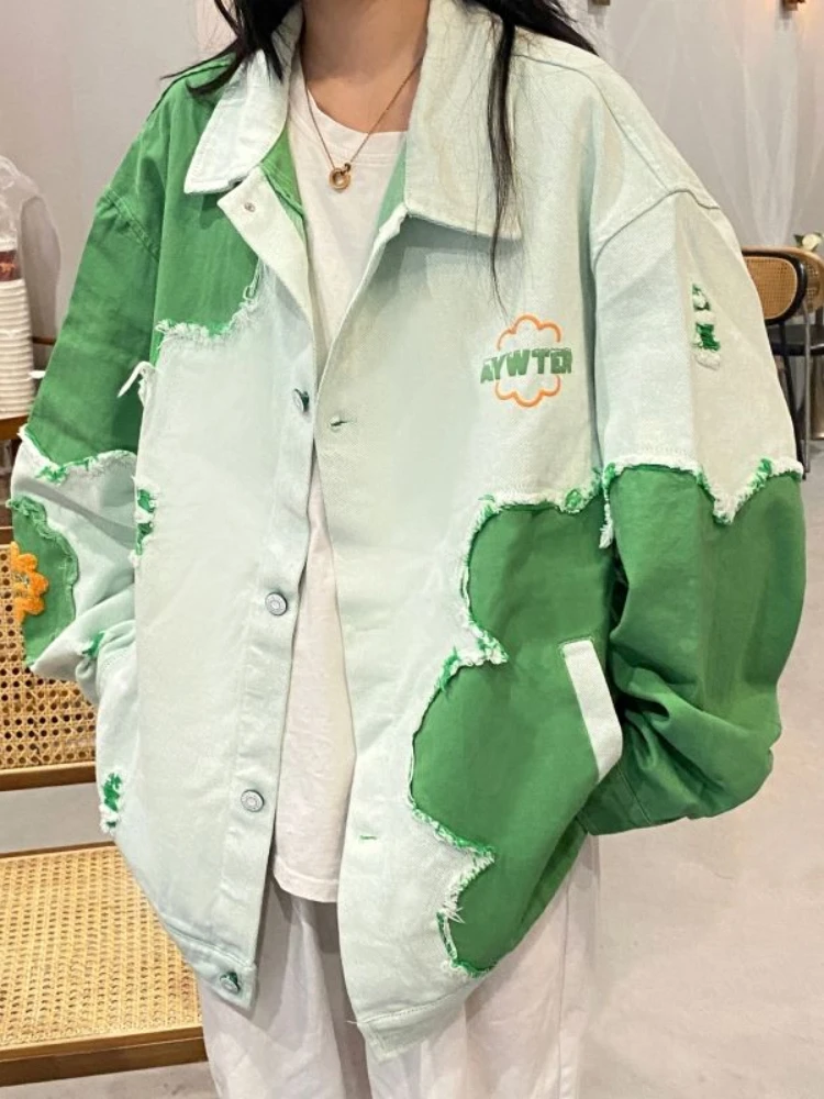 

2022 модные новые милые пальто для женщин в стиле преппи лоскутные куртки с дырками и цветами карманы повседневные свободные Chaquetas с отложным ...