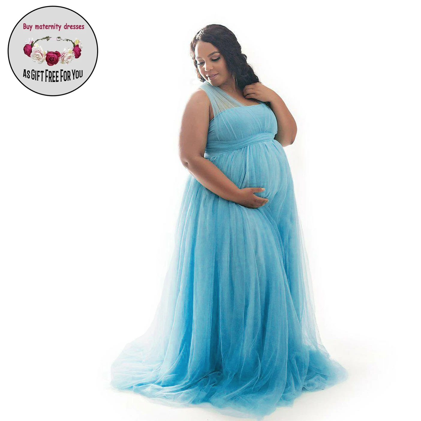 Women Strapless Pregnant Photography Dress Tulle Mercerized Cotton Long Maternity Dresses for Photo Shoot