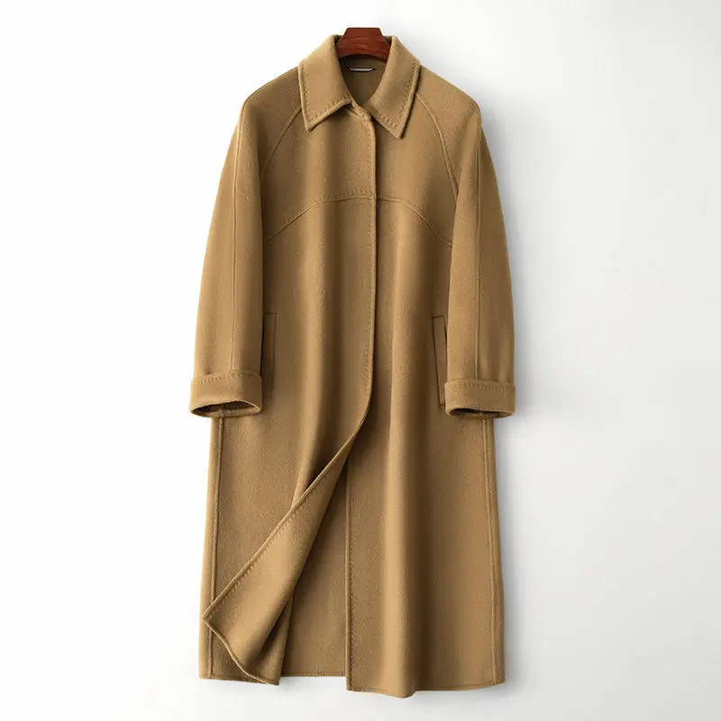

Женское длинное шерстяное пальто, повседневное двухстороннее пальто разного размера из 100%-ной шерсти на осень, 2023