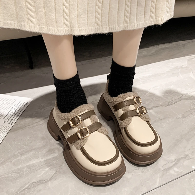 

Туфли женские с круглым носком, повседневная обувь, оксфорды, лоферы, универсальная обувь на толстой подошве, на меху, на высоком каблуке, Осень-зима