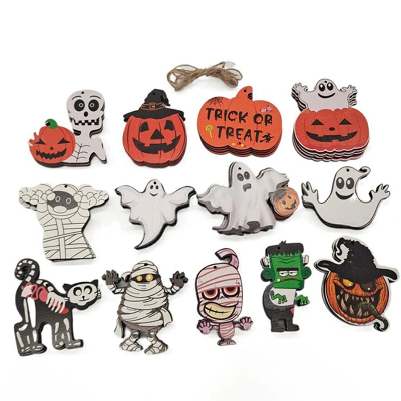

Halloween Wooden Cartoon Pendants For Home DIY Trick Or Treat Ghost Pumpkin Happy Halloween Decors Halloween Party Accessories