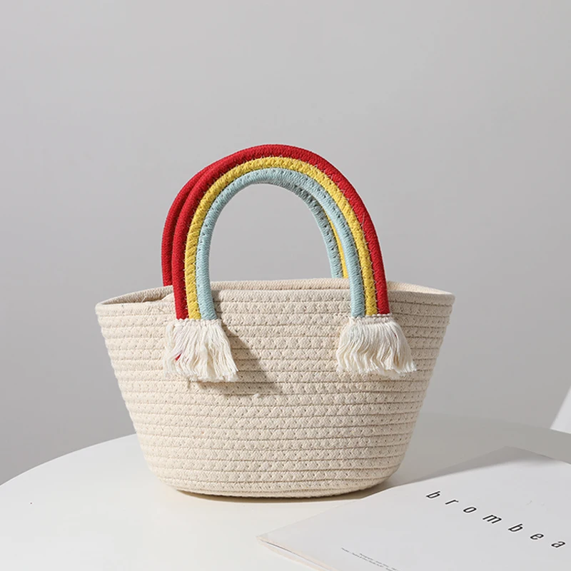

Cute Rainbow Handbag Women's New Handmade Cotton Thread Beach Large Capacity Ladies Handbags Wild Seaside Holiday Beach Bag
