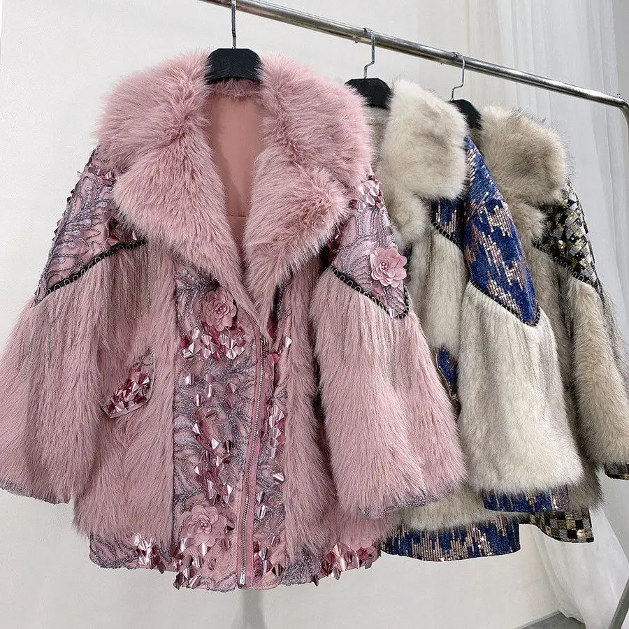 2022 New Winter Women's Mid-length Faux Toka Fur Integrated Coat Ladies Fashion Patchwork Thick Warm Lamb Wool Motorcycle Jacket