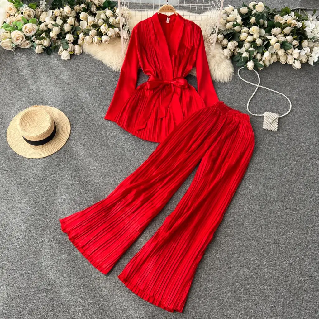 

Fashion New Elegant Casual Women Pantsuit Solid Vintage Lace-up Shirts Tops Wide-Leg Pants 2 Pieces Set Female Party Clothes