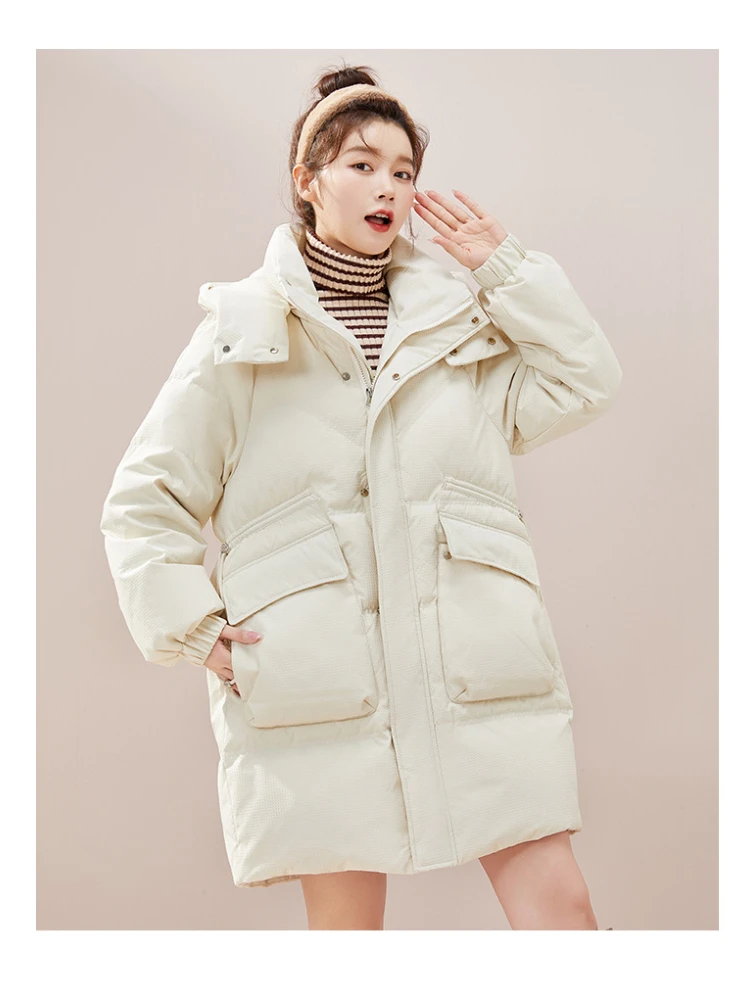 Elegant Solid Color Casual Parkas Fur Women Autumn Winter Solid Color Zip Up Button Sweet Loose Fashion Long Coat Down 2022