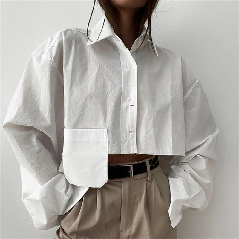 

Женская однотонная блузка с отложным воротником, Укороченная рубашка с длинными рукавами и карманами в уличном стиле, весна-осень 2023