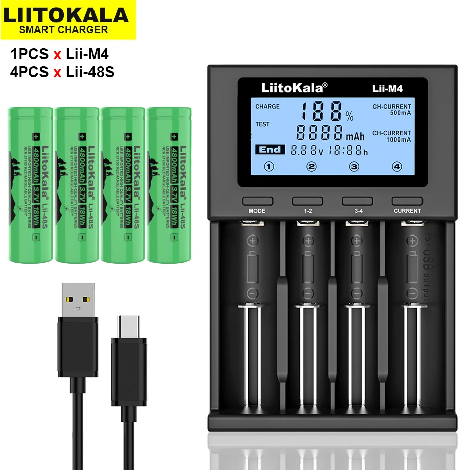 

4PCS LiitoKala Lii-48S 3.7V 4800mAh 21700 li-lon Rechargeable Battery 9.6A power 2C Rate Discharge +Lii-M4 Intelligent Charger