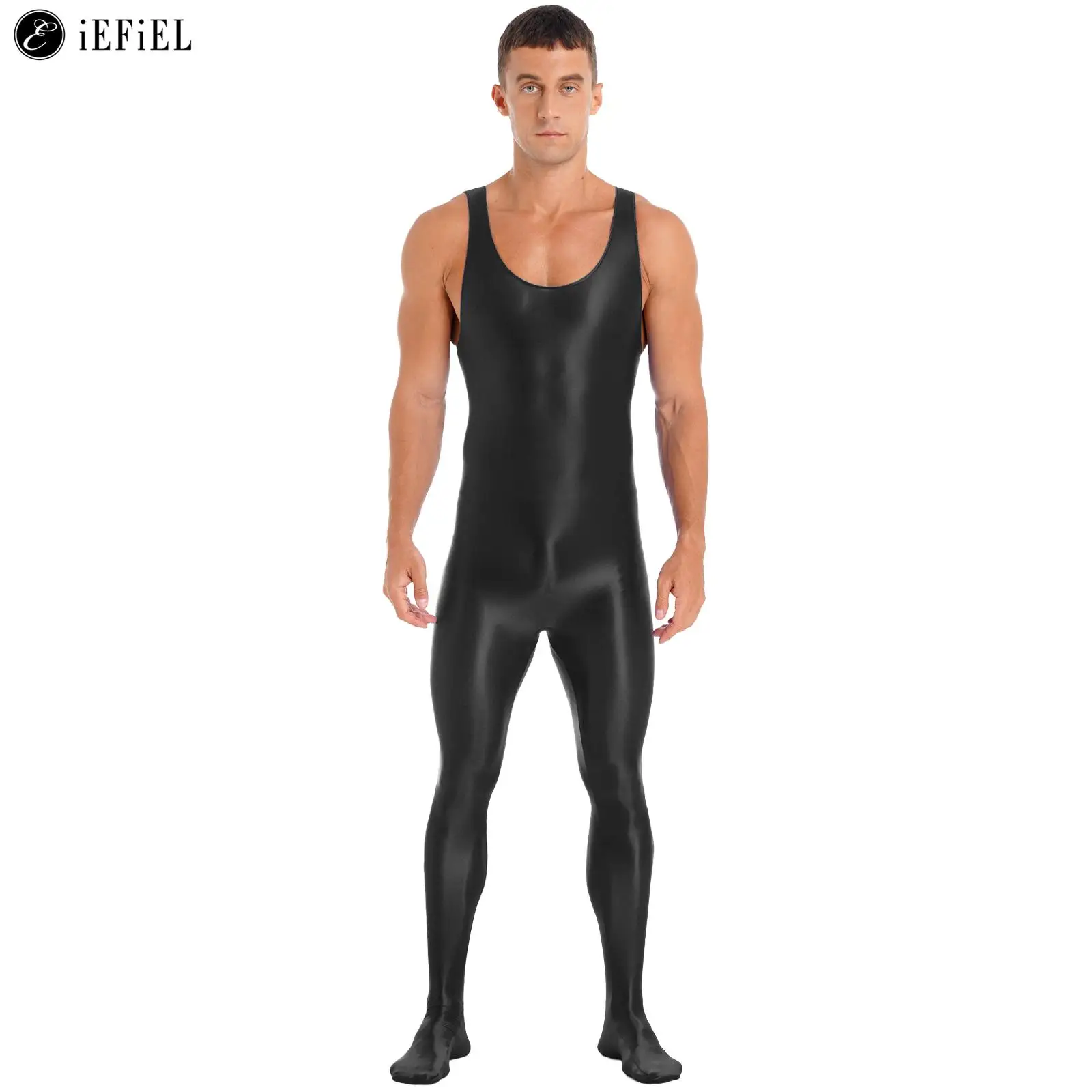 

Mens Shiny Oil Full Body Suit Unitard Sleeveless Skin-Tight Leotard Jumpsuit Catsuit One Piece Bodystocking Wrestling Singlet