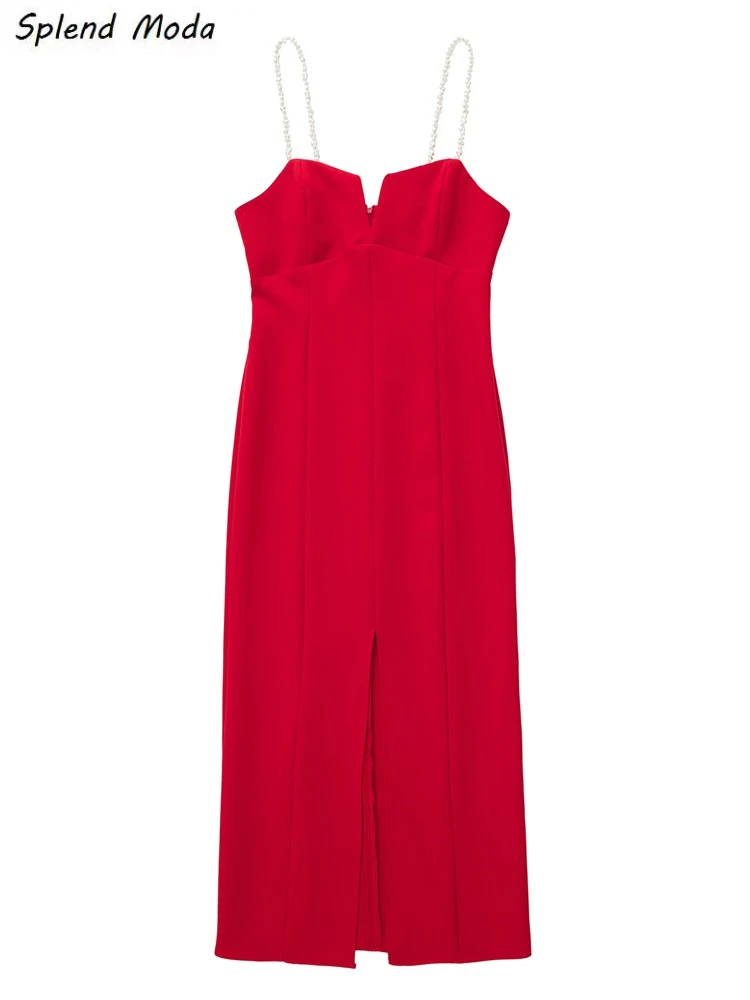 

Женское винтажное платье на бретельках Splend, элегантное облегающее красное платье средней длины без рукавов с разрезом спереди и искусствен...