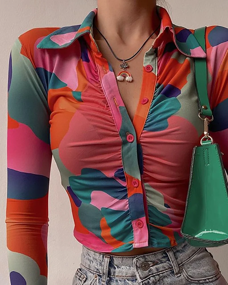 

Women Women Spring And Autumn Abstract Print Button Design Ruched Shirt Female Long Sleeve Casual Office Tops 2022 Fashion New