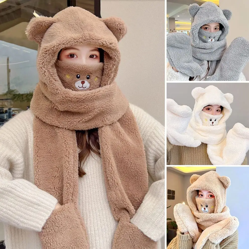 

Winter Warm Plush Thickened Ear Protection Beanie Hat Mask Scarf Gloves Bomber Hat Skullies Cap