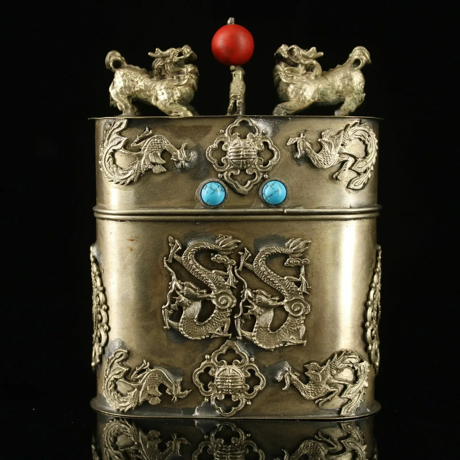 

4.33" Collection Tibetan Silver inlay gemstone Hand carving Dragon Tea box