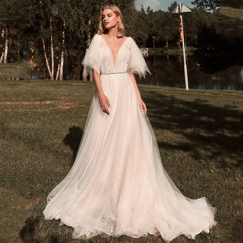 

Anna Beauty Charming Blush Half Sleeves Bridal Wedding Dresses V Neckline Wedding Gown for Bride Open Back Beaded Court Train