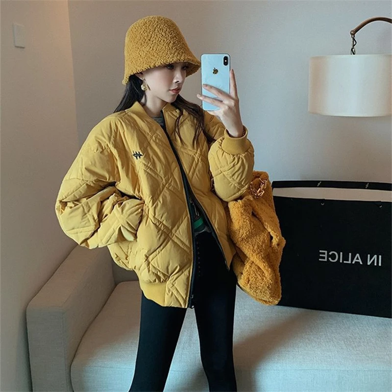 2022 Winter Women Letter Print Cotton Coats Yellow Casual Baseball Parkas Korea Fashion Basic Harajuku Warm Oversized Outerwear