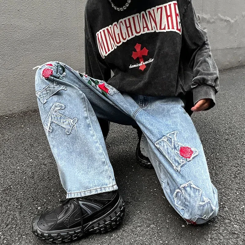 Goth Rose Cross Letter Embroidery Mens Jeans Harajuku Street Retro Hiphop High Waisted Jeans Loose Casual Baggy Jeans Men Pants
