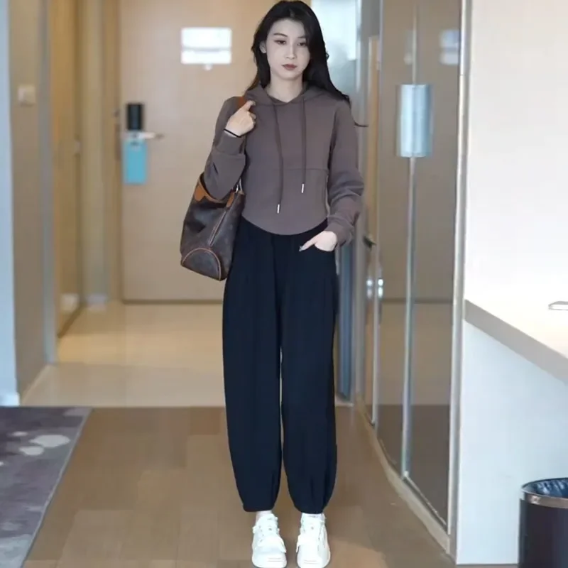 Casual Sports Suit Women's 2024 Autumn New Elegant Hooded Sweatshirt And Ninemore Harem Pants Age-Reducing 2-Piece Set
