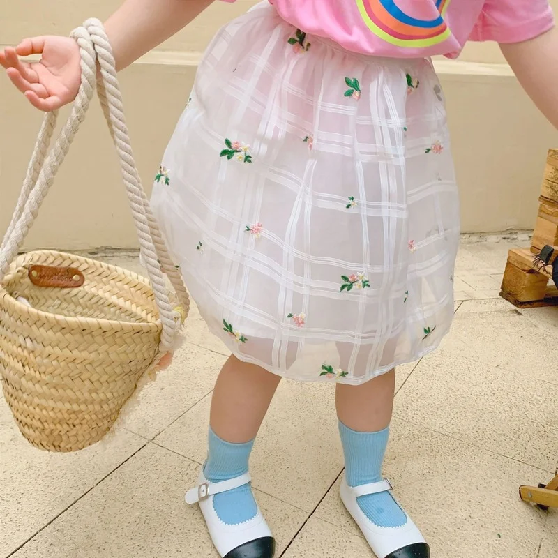 

Summer baby girls floral mesh embroidery skirts 2-7 years little princess double-deck all-match skirt