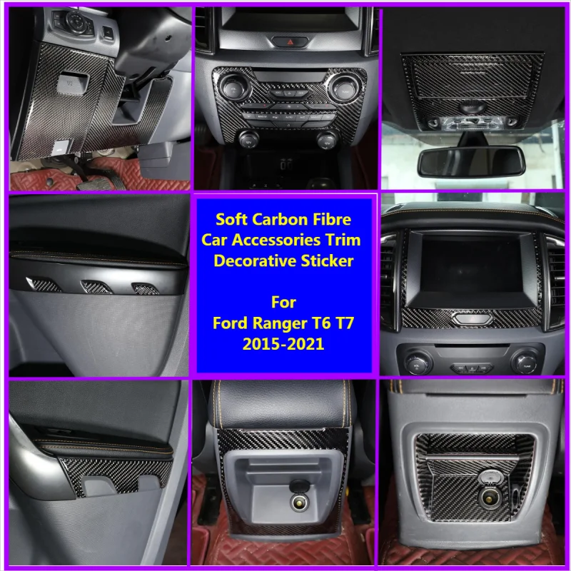Cubierta Interior y Exterior de fibra de carbono suave Real, accesorios de pegatina embellecedora para salpicadero central de Ford Ranger 2015-2021