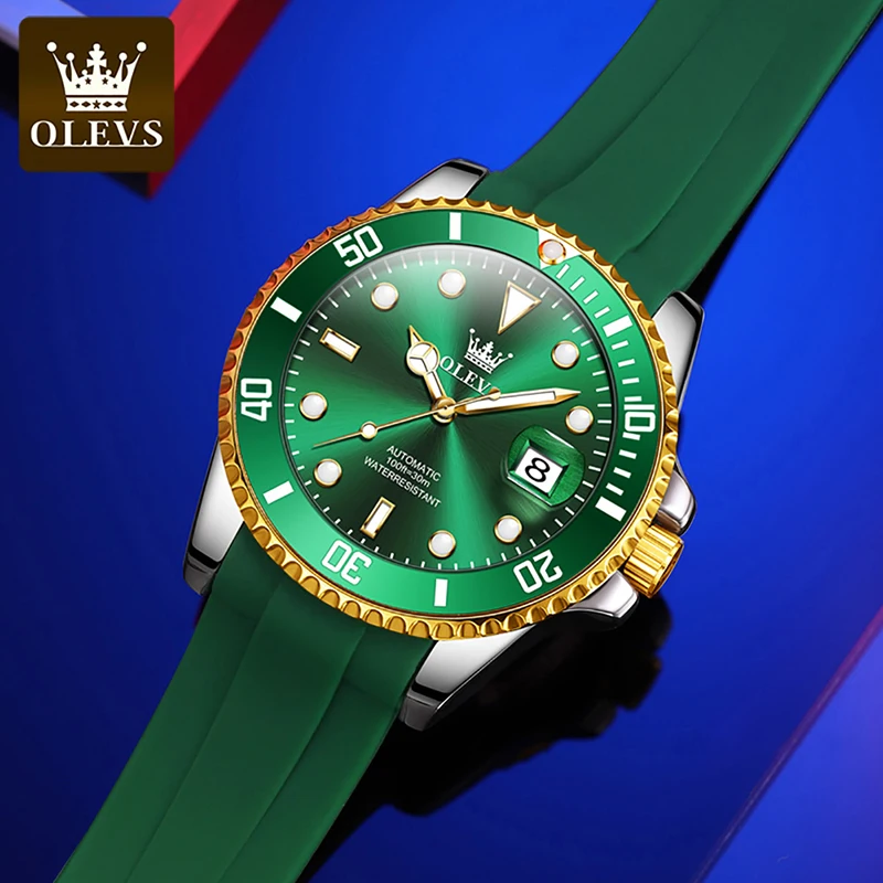 OLEVS Mens Watches Top Brand Luxury Gold Plated Automatic Mechanical Watch Fashion Green Silicone Strap Simple Calendar Clock