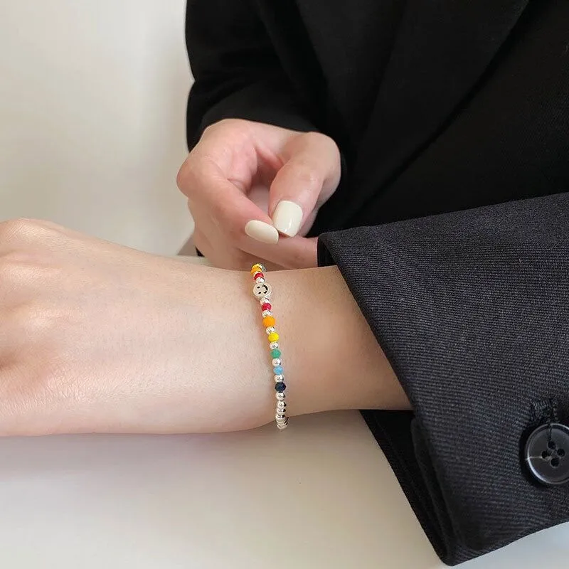Fufengming Small Color String Rainbow Beaded Bracelet Girl S925 Sterling Silver Summer Versatile Wear Smiley Face Ha...