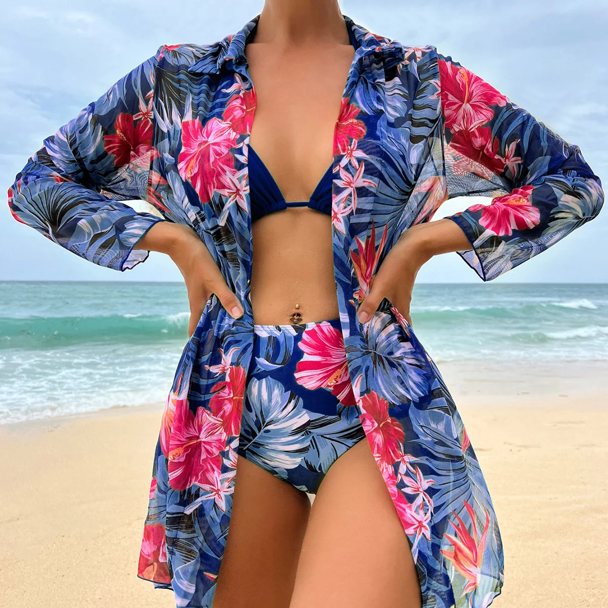

Three Piece Swimsuit Swimwear Bikini for Women Tropical Print New High Waist Cover Up Beachwear Brazilian Biquini Beach Bathing