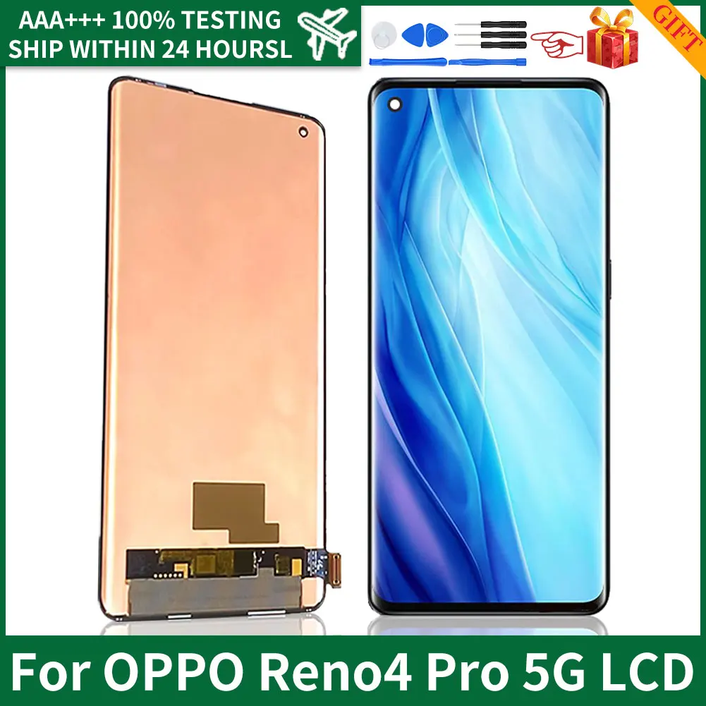 

ЖК-дисплей AMOLED для OPPO Reno4 Pro, сенсорный экран с цифровым преобразователем в сборе, с отпечатками пальцев, без рамки
